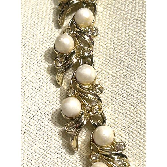 1970s Pearl Rhinestone Articulated Gold Tone Necklace 18" Sarah Cov Vintage - Picture 8 of 10